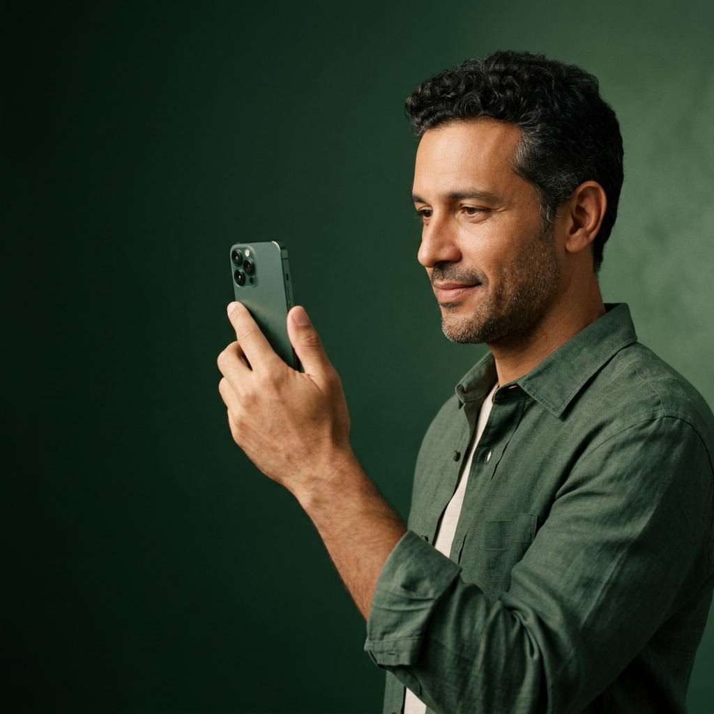 Retrato editorial de uma pessoa olhando para a câmera de um celular, em um cenário verde.